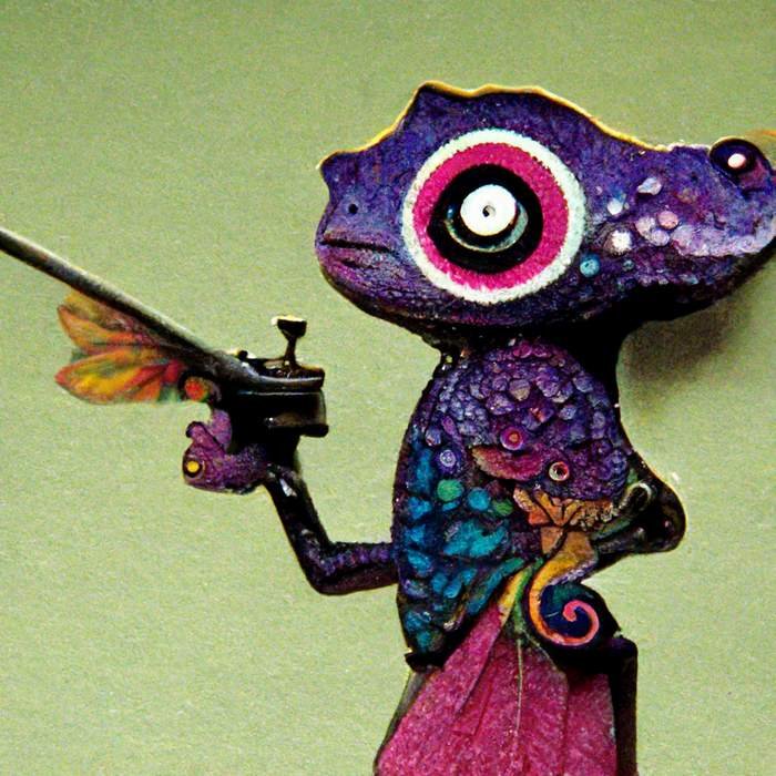 A chameleon is holding a pink gun