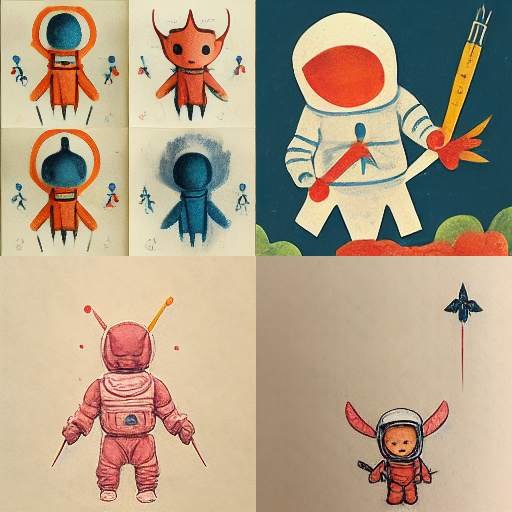 Multiple stages of a drawing featuring an astronaut, a baby, a paperboy, a bow, and arrow, and a slugshot devil Felt tip color