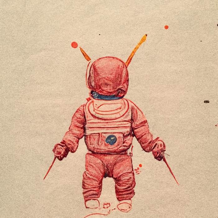 Multiple stages of a drawing featuring an astronaut, a baby, a paperboy, a bow, and arrow, and a slugshot devil